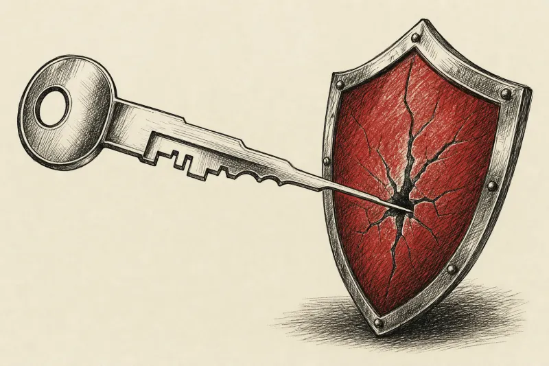 A metallic key becomes a lockpick against a shield, symbolizing GLM-5.3's coding gains and cyber risk.