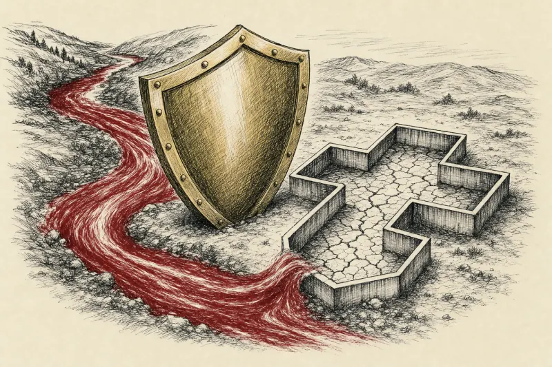 A gold shield diverts a stream from a cracked hospital basin, symbolizing resistance to California’s wealth tax.