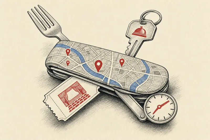 A folded city map depicted as a multifunctional pocketknife for dining, hotels, tickets and transit.