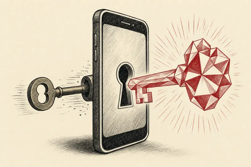 A faceted crystal key displaces a traditional brass key from a smartphone-shaped lock.