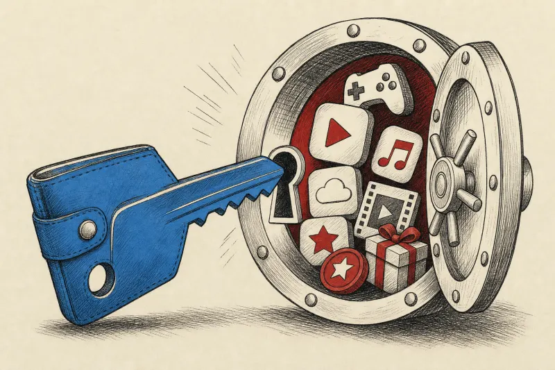A blue wallet shaped like a key unlocks a colorful vault of apps, games, subscriptions and creator tips.