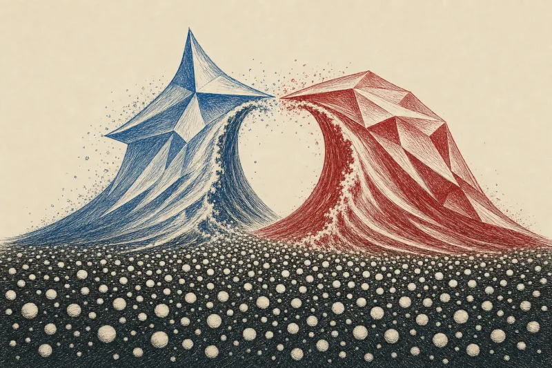 Two crystalline waves crest above glowing dots, symbolizing Gemini matching ChatGPT at one billion users.