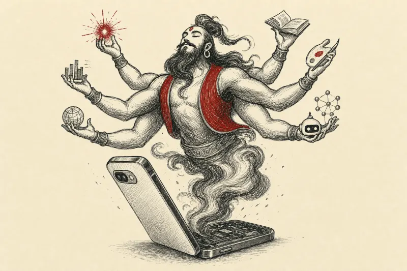 A huge many-armed genie rises from an unchanged phone shell, symbolizing Pixel 11's emphasis on Gemini over hardware.