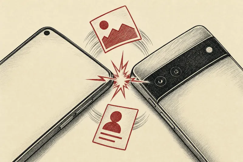 Two phone-shaped magnets touch, sending photo and contact symbols across a spark to represent Quick Share.