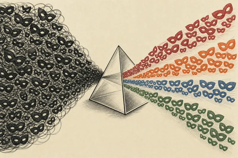 A prism sorts tangled masks into four streams, symbolizing Google’s clearer hacker naming system.