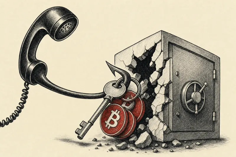 A telephone receiver forms a fishhook pulling a key and bitcoin from a cracked financial vault.