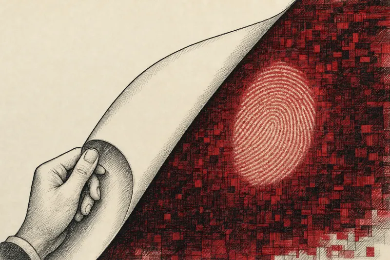 A label peels from a digital canvas while a glowing fingerprint remains woven beneath its surface.