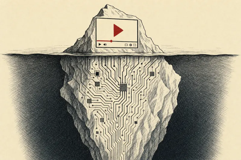 A video frame forms the visible tip of an iceberg while hidden circuit-like structures spread beneath the surface.