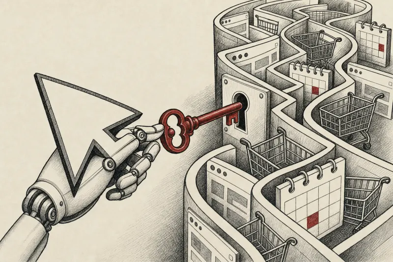 A cursor-shaped mechanical hand uses a key to unlock a maze of online tasks.