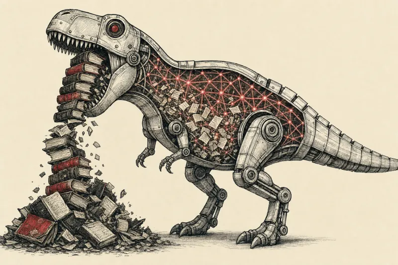 A mechanical dinosaur consumes antique books as their pages become a neural network, symbolizing destructive AI training.