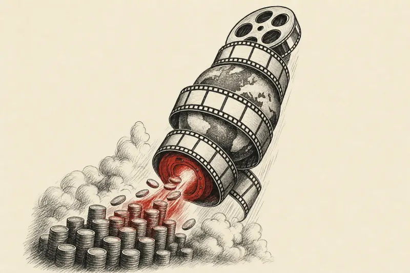 A coin-fueled film reel rocket circles the globe, symbolizing Higgsfield’s rapid growth and costly AI video compute.