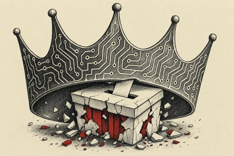 A ballot box disappears inside a circuit shaped crown, symbolizing corporate algorithms absorbing democratic government.