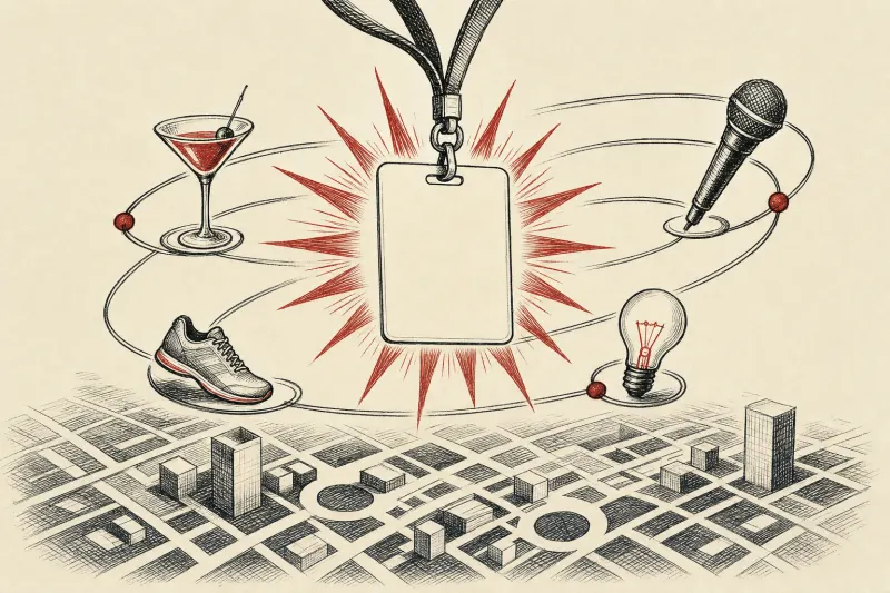 A blank conference badge forms a sun, with varied side events orbiting above a stylized city.
