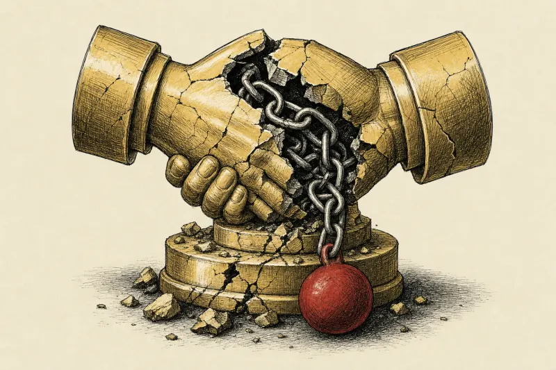 A gilded handshake cracks open around debt chains, symbolizing the collapse of the VideoVerse acquisition.