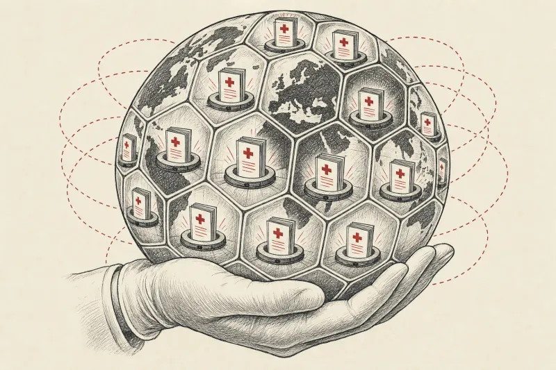 A globe divided into sealed cells symbolizes Heidi’s regionally isolated healthcare AI infrastructure.