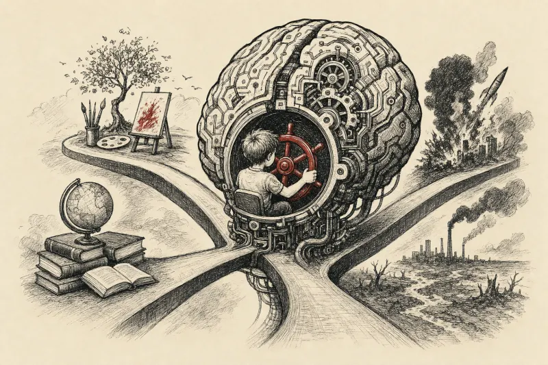 A small steering wheel controls a vast mechanical brain, symbolizing children’s determination to direct AI.