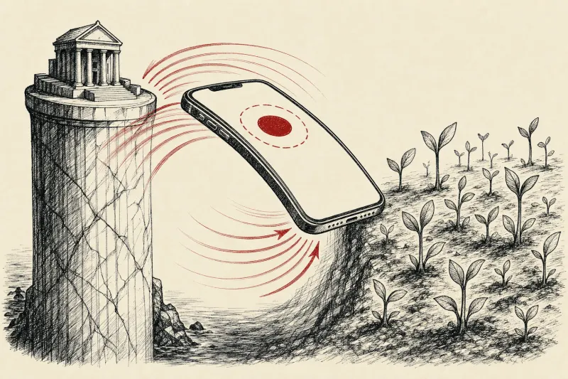 A smartphone forms a two-way bridge between a venture tower and emerging startups.