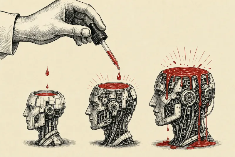A precision dropper feeds different doses into three mechanical brains, symbolizing calibrated AI agent memory.