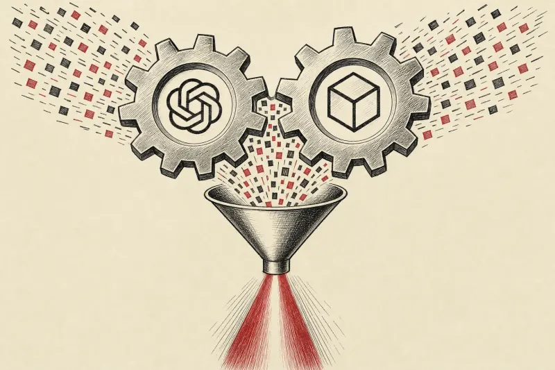 Two interlocking gears funnel scattered signals into one beam, symbolizing RingCentral's unified AI work.