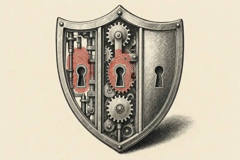 A three-part shield has two transparent locks and one opaque lock, symbolizing uneven visibility into AI account access.