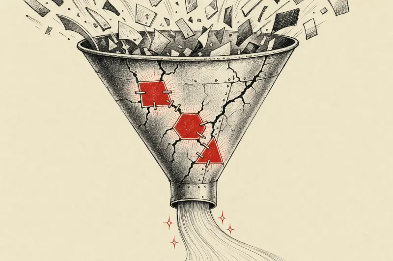 A cracked funnel repaired by glowing patches symbolizes ChatGPT Work strengthening Zapier’s marketing processes.
