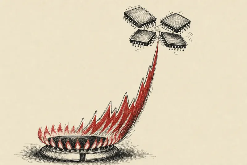 A rising blue gas flame lifts silicon chips, symbolizing fuel price risk behind AI data centers.