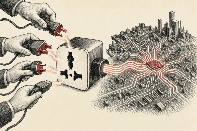 A universal adapter combines varied glowing plugs into one circuit, symbolizing IBM’s expanded enterprise AI strategy.