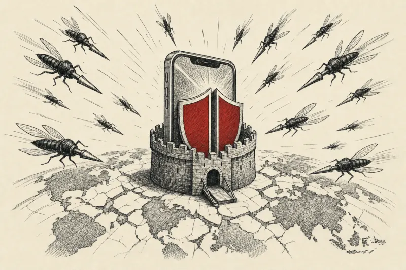 A smartphone shaped fortress closes its shield as black spyware darts converge from around the world.