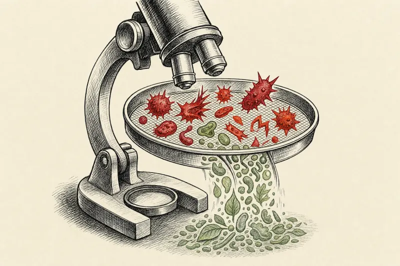A microscope shaped sieve admits green forms while trapping red hazards, symbolizing Fable 5 biology safeguards.