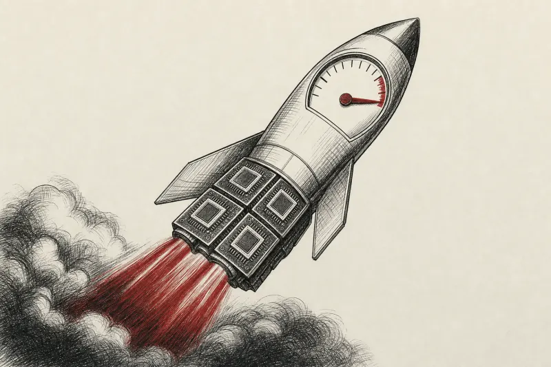 A GPU-powered rocket speeds ahead with an opaque fuel gauge, symbolizing rapid AI growth without cost visibility.