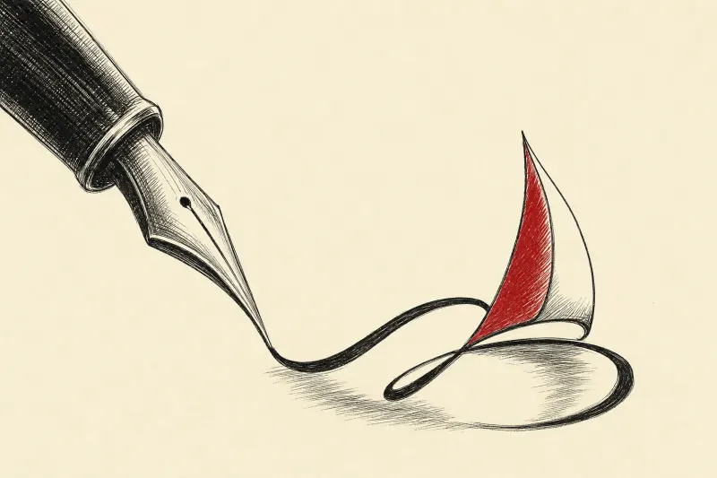 A sharpened fountain pen draws a sail-shaped curve, symbolizing Instagram’s modern but ambiguous cursive design.