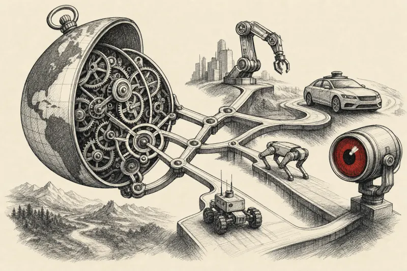An unlocked clockwork globe transforming into symbols of robotics, mobility and machine vision.