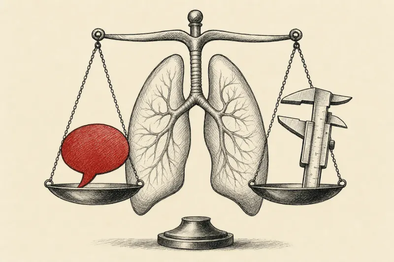 A lung-shaped balance weighs a speech bubble against a caliper, symbolizing radiology AI joining language with measurement.