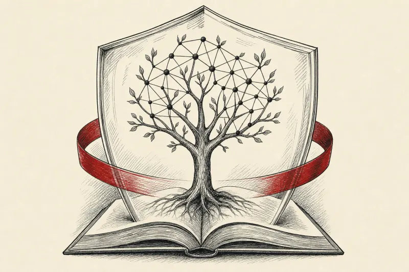 A book grows into a tree inside a shield, symbolizing protected AI learning for teenagers.