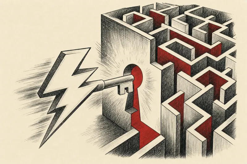 A lightning bolt key unlocks a layered maze, symbolizing Gemini 3.7 Flash accelerating complex AI workflows.
