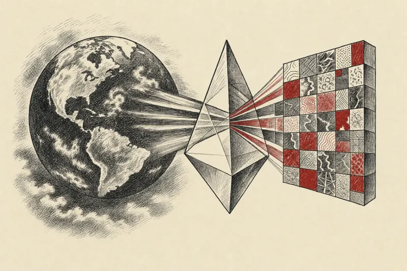 A globe passes through a prism into colored tiles, symbolizing OlmoEarth compressing satellite data into embeddings.