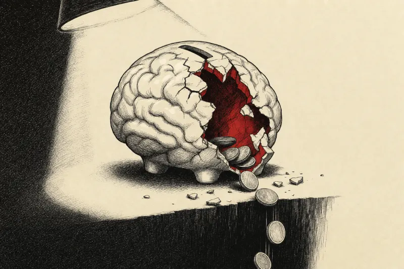 A cracked brain shaped piggy bank loses coins under a spotlight, symbolizing Wondermind’s investor dispute.