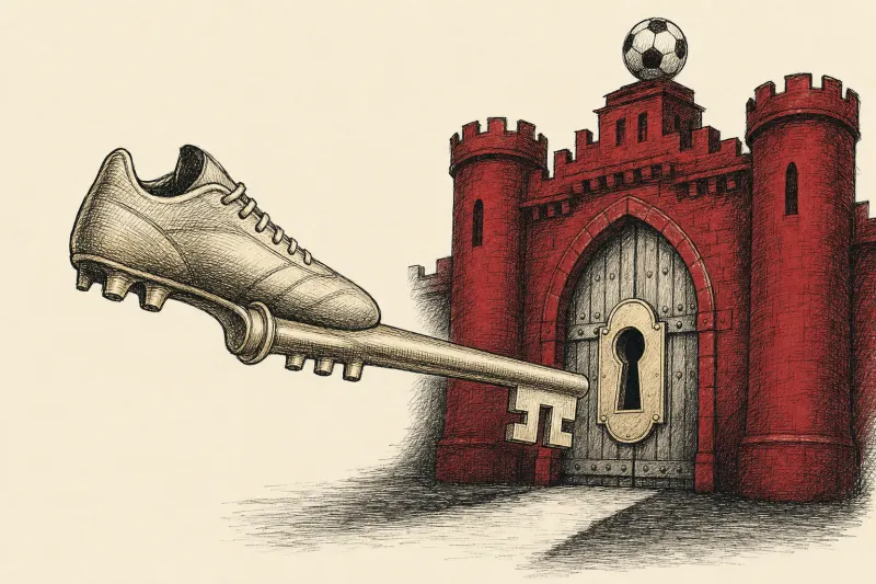 A golden soccer boot key nears a red fortress, symbolizing Bezos seeking entry into Liverpool ownership.