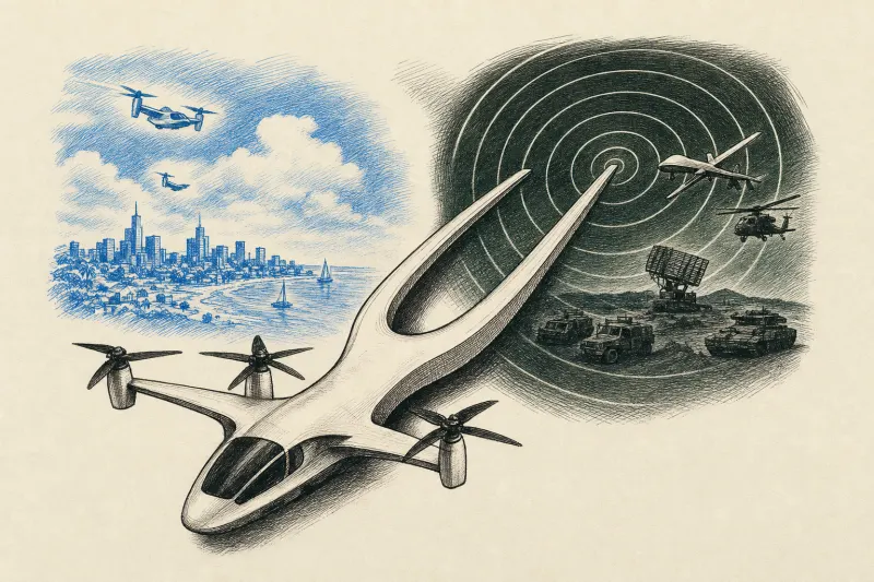 A white aircraft divides into civilian blue and radar-green wings, symbolizing Joby’s commercial and defense paths.