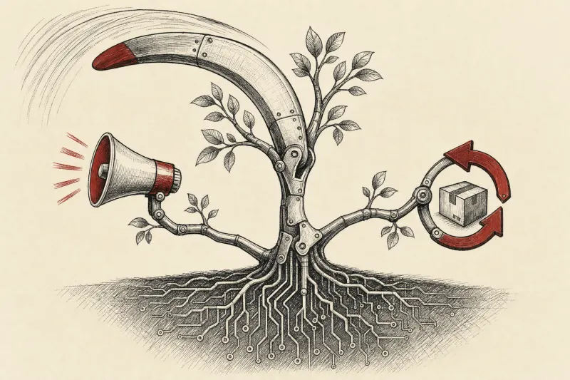 A returning metallic boomerang joins a data-rooted mechanical tree symbolizing a founder reunion and the expansion of AI marketing agents.