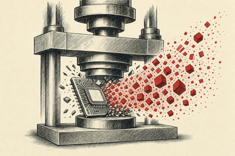 A silicon chip in a press releases a torrent of light, symbolizing Kog extracting more AI inference from standard GPUs.