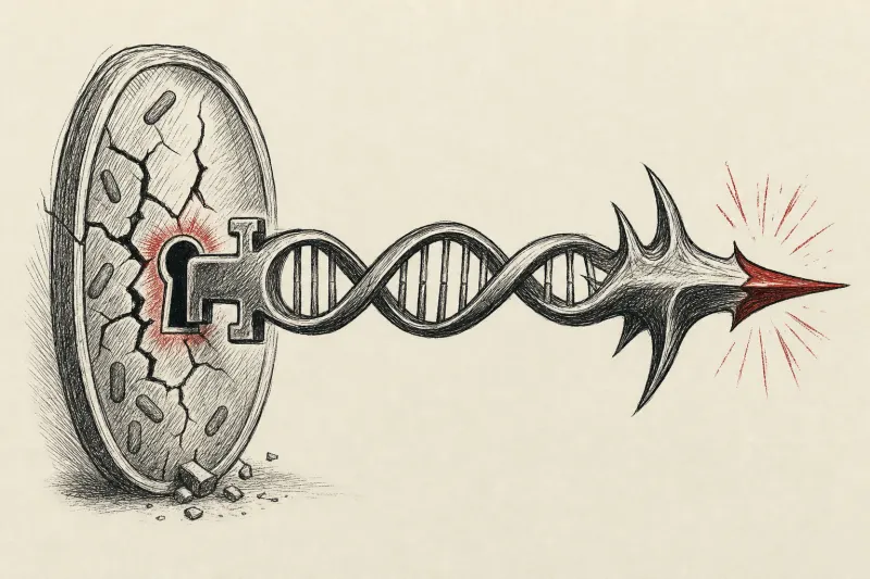 A DNA helix shaped as a double-edged key, representing both the medical promise and biological risk of AI-designed viruses.