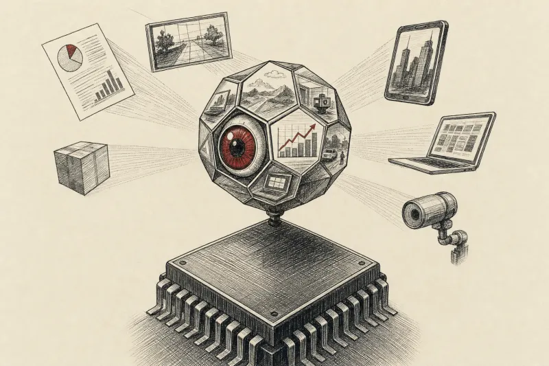 A tiny faceted eye balances on a chip edge, symbolizing compact vision AI handling many tasks locally.