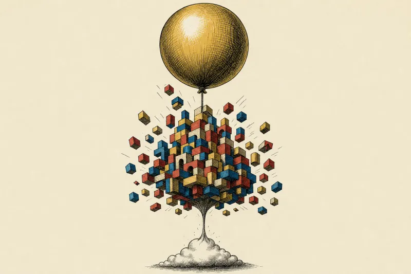 A golden balloon lifts multiplying building blocks while a cloud tether strains, symbolizing Lovable’s rapid growth.