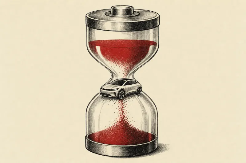 A crossover trapped inside a battery-shaped hourglass, symbolizing Lucid’s delayed affordable EV and financial time pressure.