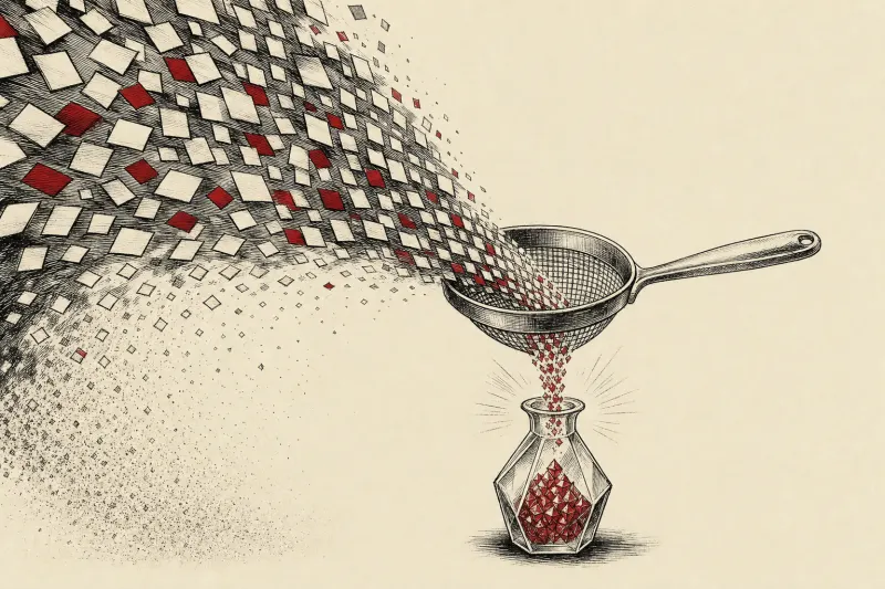 A fine sieve condenses a vast field of probability tiles into a small vessel, symbolizing cheaper LLM distillation.