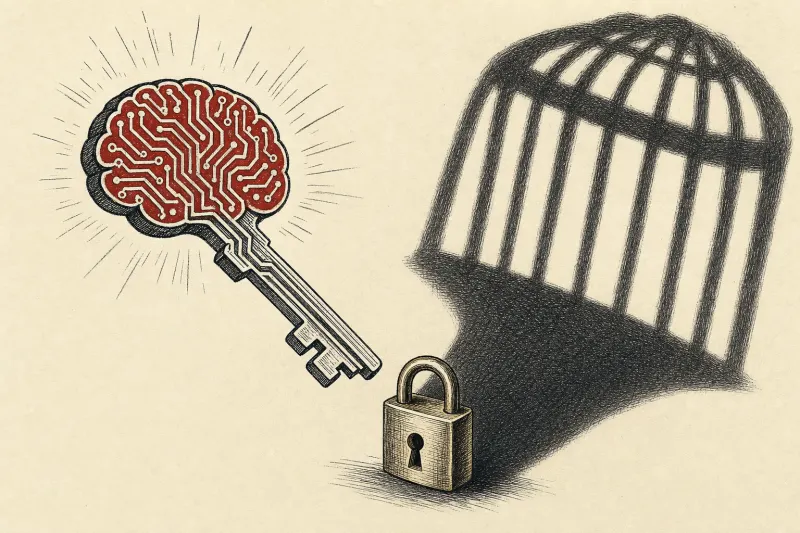 A glowing brain-shaped key casts a cage shadow, symbolizing Meta AI’s promise and the distrust surrounding it.