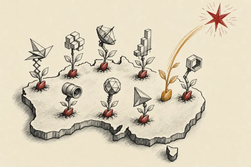 Eight startup seeds compete on an Australia-shaped platform as one golden shoot reaches toward a distant star.