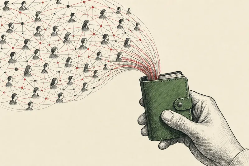 A vast web of relationship threads folds into a green pocket address book, symbolizing Mesh moving personal networks to Android.