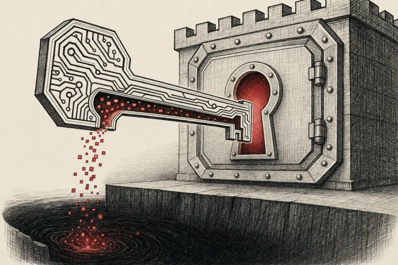 A hollow circuit-shaped key unlocks a secure vault while secretly drawing glowing data fragments away.